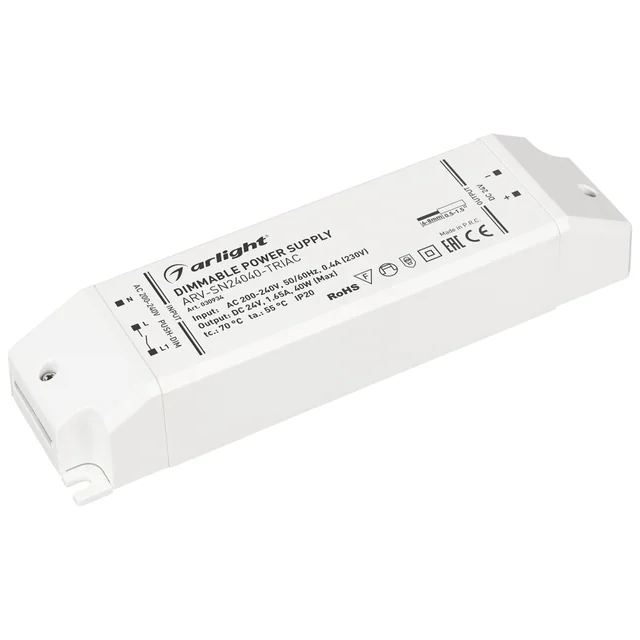 Блок питания ARV-SN24040-TRIAC (24V, 1.65A, 40W) (Arlight, IP20 Пластик, 3 года), артикул 030934