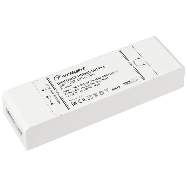 Блок питания ARV-SN24075-TRIAC (24V, 3.125A, 75W) (Arlight, IP20 Пластик, 3 года), артикул 030935