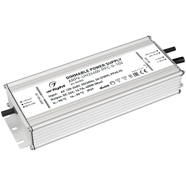Блок питания ARPV-UH24400-PFC-0-10V (24V, 16.7A, 400W) (Arlight, IP67 Металл, 7 лет), артикул 031043