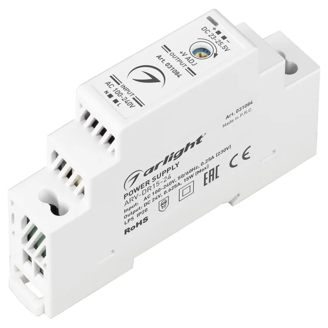 Блок питания ARV-DR15-24 (24V, 0.63A, 15W) (Arlight, IP20 DIN-рейка), артикул 031084