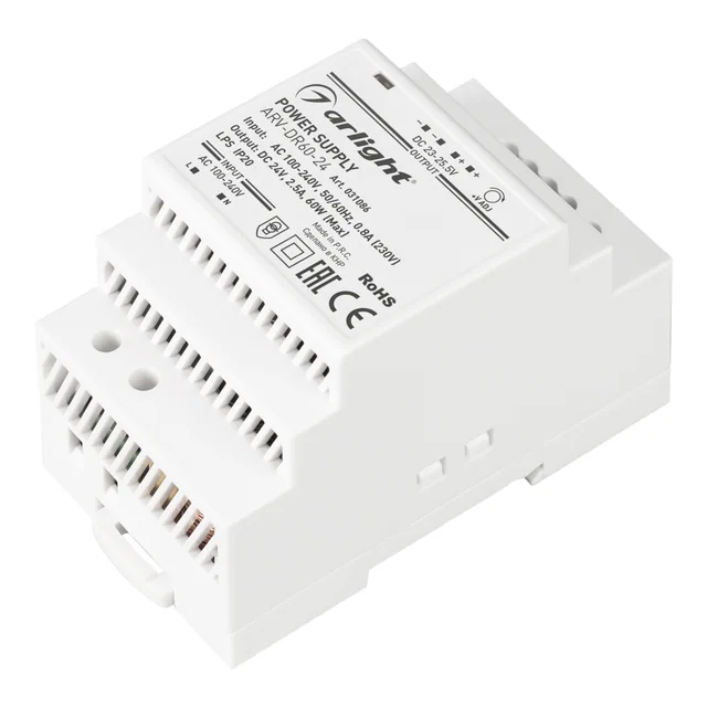 Блок питания ARV-DR60-24 (24V, 2.5A, 60W) (Arlight, IP20 DIN-рейка), артикул 031086