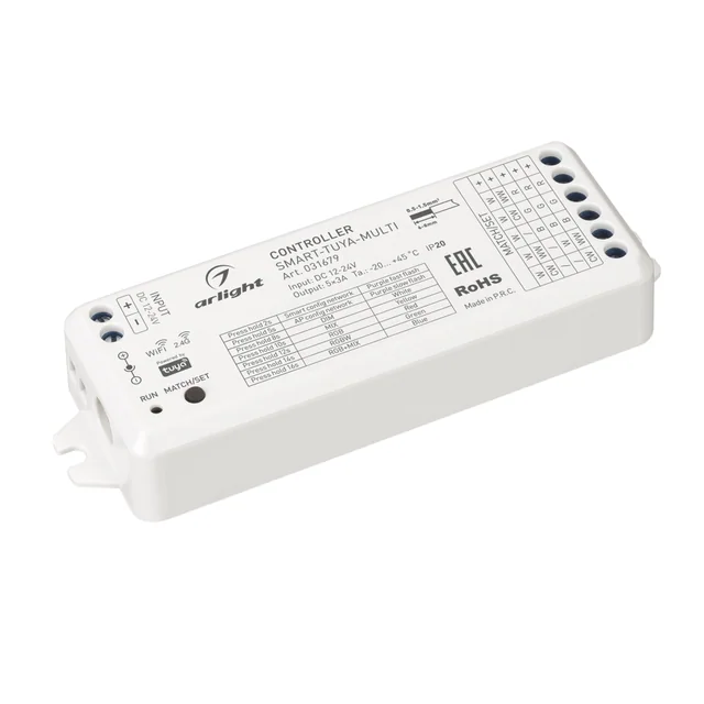 Контроллер SMART-TUYA-MULTI (12-24V, 5x3A, RGB-MIX, 2.4G) (Arlight, IP20 Пластик, 5 лет), артикул 031679