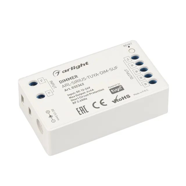 Диммер ARL-SIRIUS-TUYA-DIM-SUF (12-24V, 4x4A, 2.4G) (Arlight, IP20 Пластик, 3 года), артикул 032342