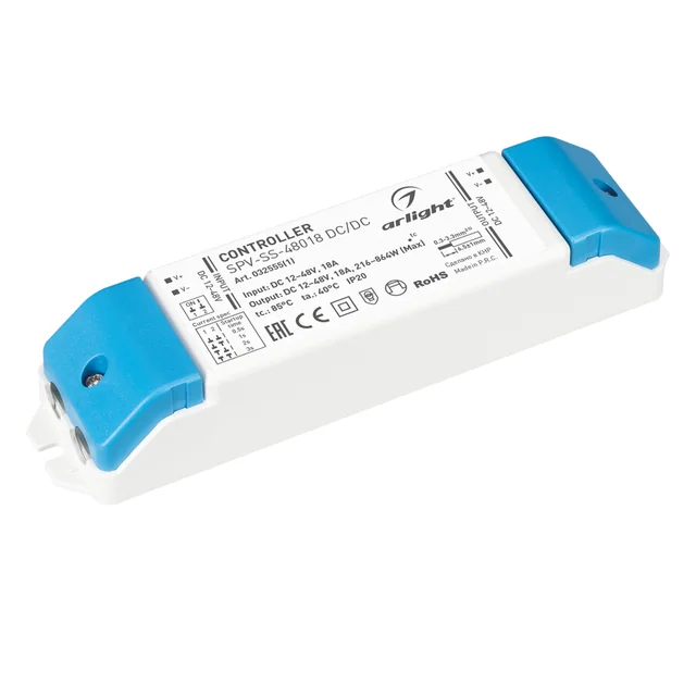 Контроллер плавного включения SPV-SS-48018 DC/DC (12-48V, 18A) (Arlight, IP20 Пластик, 5 лет), артикул 032555(1)