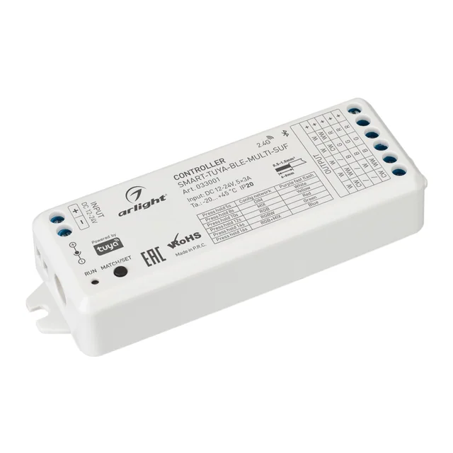Контроллер SMART-TUYA-BLE-MULTI-SUF (12-24V, 5x3A, RGB-MIX, 2.4G) (Arlight, IP20 Пластик, 5 лет), артикул 033001