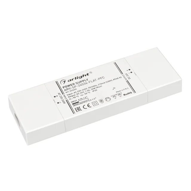 Блок питания ARV-SP-24036-FLAT-PFC (24V, 1.5A, 36W) (Arlight, IP20 Пластик, 5 лет), артикул 033260