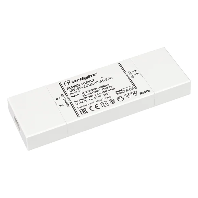 Блок питания ARV-SP-24060-FLAT-PFC (24V, 2.5A, 60W) (Arlight, IP20 Пластик, 5 лет), артикул 033261