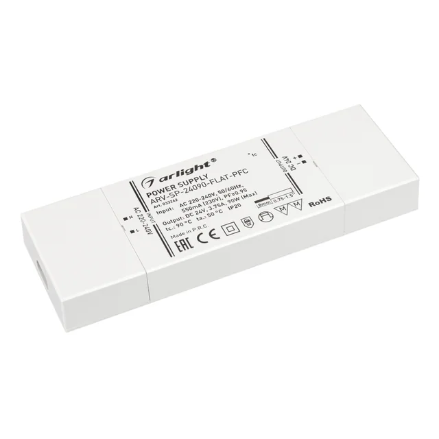 Блок питания ARV-SP-24090-FLAT-PFC (24V, 3.75A, 90W) (Arlight, IP20 Пластик, 5 лет), артикул 033262