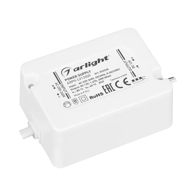 Блок питания ARPV-LV12020 (12V, 1.67A, 20W) (Arlight, IP67 Пластик, 3 года), артикул 033328