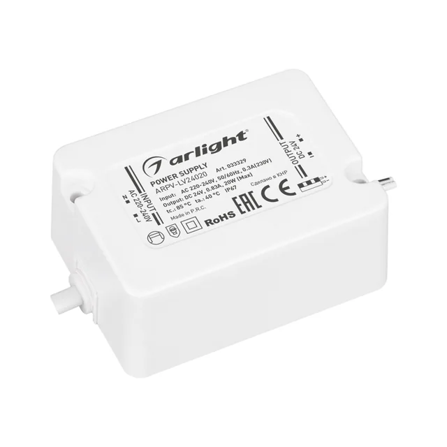 Блок питания ARPV-LV24020 (24V, 0.83A, 20W) (Arlight, IP67 Пластик, 3 года), артикул 033329