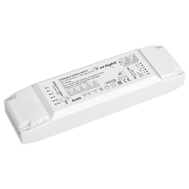 Блок питания ARJ-SP-60-PFC-1-10V-DALI2-PD (60W, 9-58V, 2x0.3-0.9A) (Arlight, IP20 Пластик, 5 лет), артикул 033730
