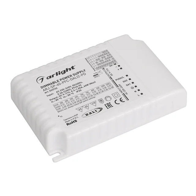 Блок питания ARJ-SP-60-PFC-DALI2-PD (60W, 9-71V, 0.35 -1.05A) (Arlight, IP20 Пластик, 5 лет), артикул 033732