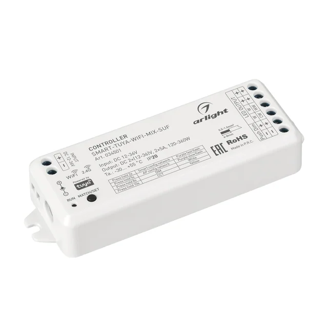 Контроллер SMART-TUYA-WIFI-MIX-SUF (12-36V, 2x5A, 2.4G) (Arlight, IP20 Пластик, 5 лет), артикул 034501