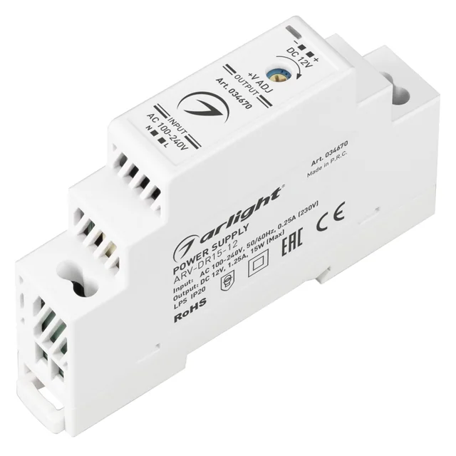 Блок питания ARV-DR15-12 (12V, 1.25A, 15W) (Arlight, IP20 DIN-рейка), артикул 034670