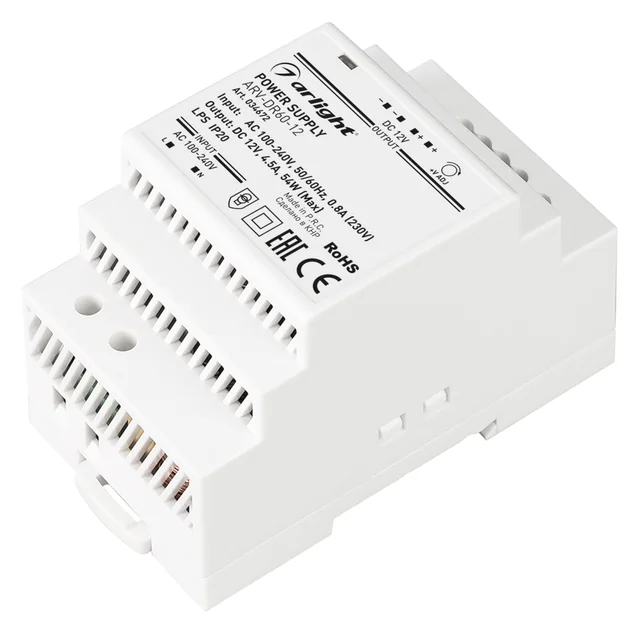 Блок питания ARV-DR60-12 (12V, 4,5A, 54W) (Arlight, IP20 DIN-рейка), артикул 034672
