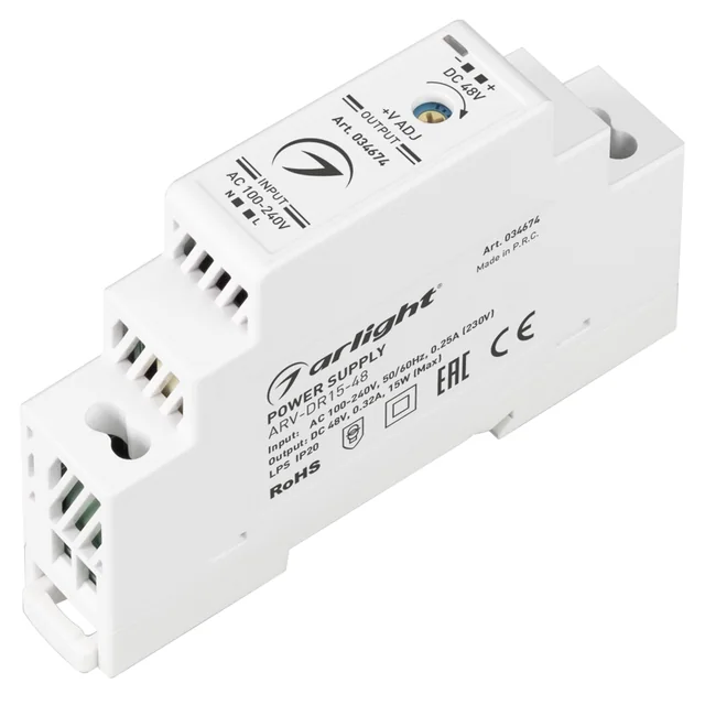 Блок питания ARV-DR15-48 (48V, 0.32A, 15W) (Arlight, IP20 DIN-рейка), артикул 034674