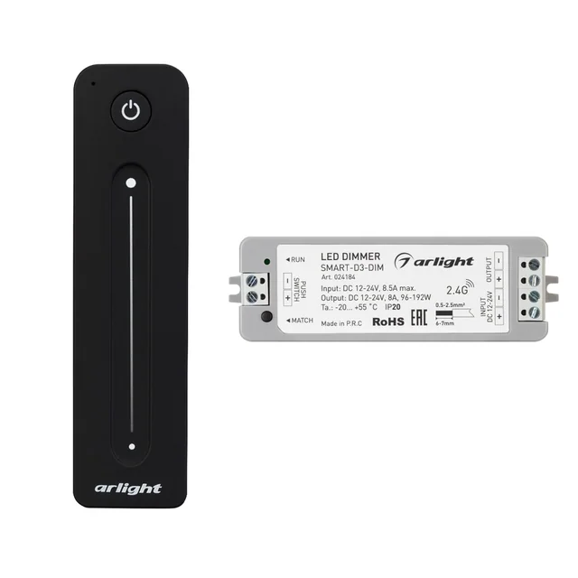 Диммер SMART-DIM-SET-LINE (12-24V, 1x8A, ПДУ 2.4G) (Arlight, IP20 Пластик, 5 лет), артикул 034794