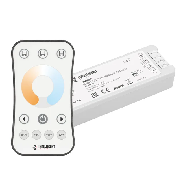 INTELLIGENT ARLIGHT Диммер SMART-SET-PWM-102-72-MIX-SUF White (12-24V, 2x5A, ПДУ RING 10кн, 2.4G) (IARL, Контроллер), артикул 036184