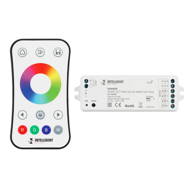 INTELLIGENT ARLIGHT Диммер SMART-SET-PWM-104-52-RGBW-SUF White (12-24V, 4x4A, ПДУ RING 10кн, 2.4G) (IARL, Контроллер), артикул 036187