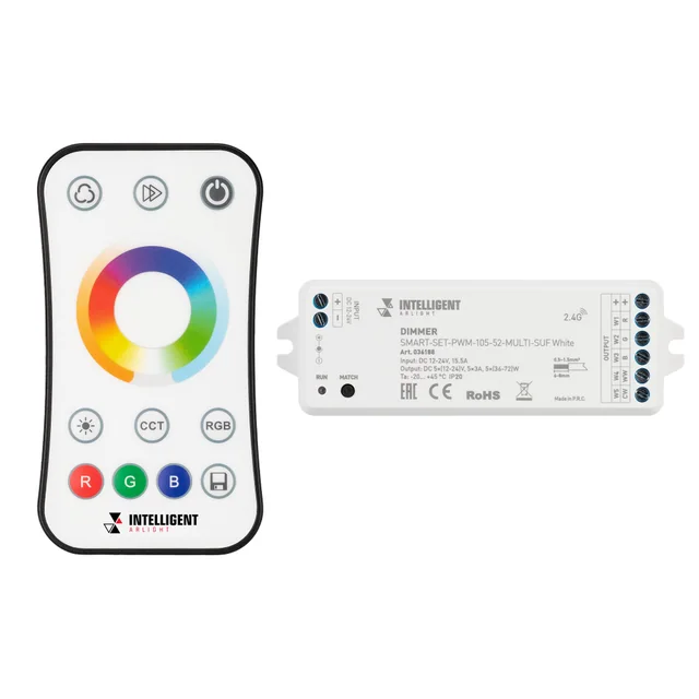 INTELLIGENT ARLIGHT Диммер SMART-SET-PWM-105-52-MULTI-SUF White (12-24V, 5x3A, ПДУ RING 10кн, 2.4G) (IARL, Контроллер), артикул 036188