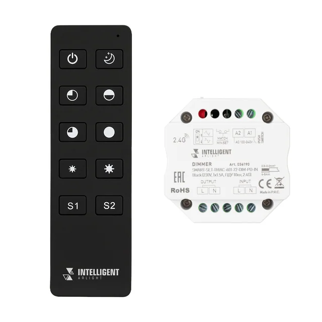 INTELLIGENT ARLIGHT Диммер SMART-SET-TRIAC-601-72-DIM-PD-IN Black (230V, 1x1.5A, ПДУ 10кн, 2.4G) (IARL, IP20 Пластик, 5 лет), артикул 036190