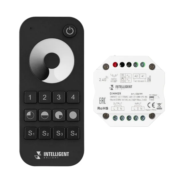 INTELLIGENT ARLIGHT Диммер SMART-SET-TRIAC-601-72-DIM-PD-IN Black (230V, 1x1.5A, x4, ПДУ 10кн, 2.4G) (IARL, IP20 Пластик, 5 лет), артикул 036199