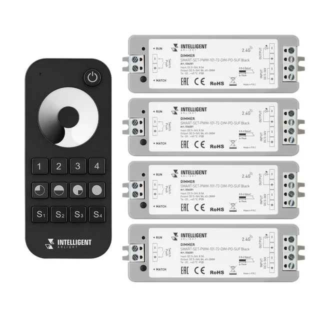 INTELLIGENT ARLIGHT Диммер SMART-SET-PWM-101-72-DIM-PD-SUF Black (5-36V, 1x8A, x4, ПДУ 13кн, 2.4G) (IARL, IP20 Пластик, 5 лет), артикул 036201