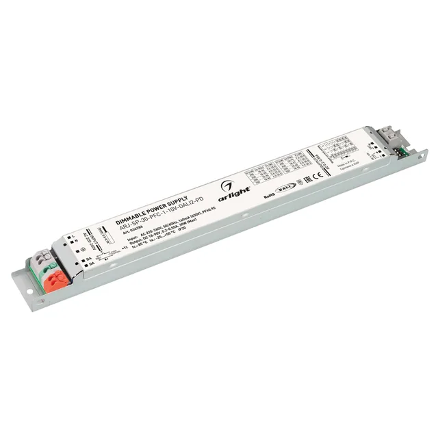 Блок питания ARJ-SP-30-PFC-1-10V-DALI2-PD (30W, 18-90V, 0.2-0.55A) (Arlight, IP20 Металл, 5 лет), артикул 036286