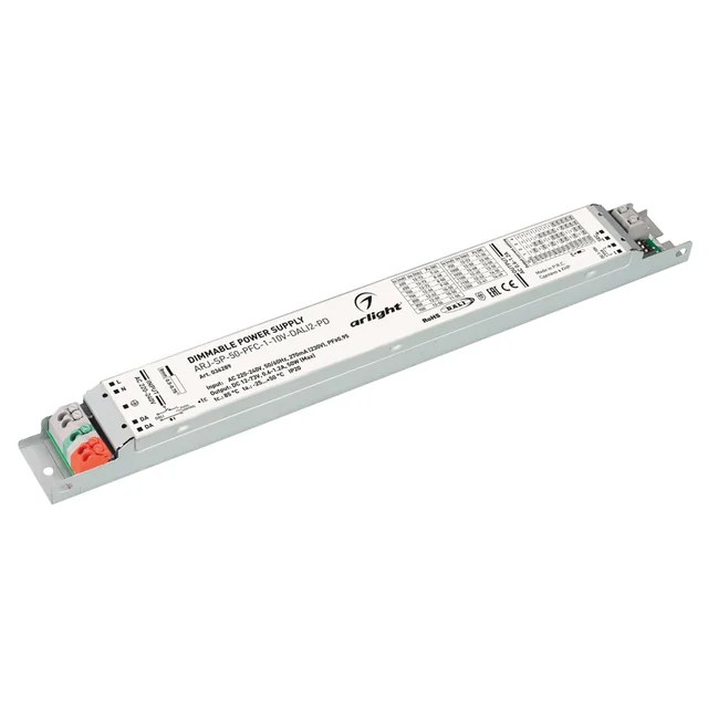Блок питания ARJ-SP-50-PFC-1-10V-DALI2-PD (50W, 12-73V, 0.6-1.2A) (Arlight, IP20 Металл, 5 лет), артикул 036289
