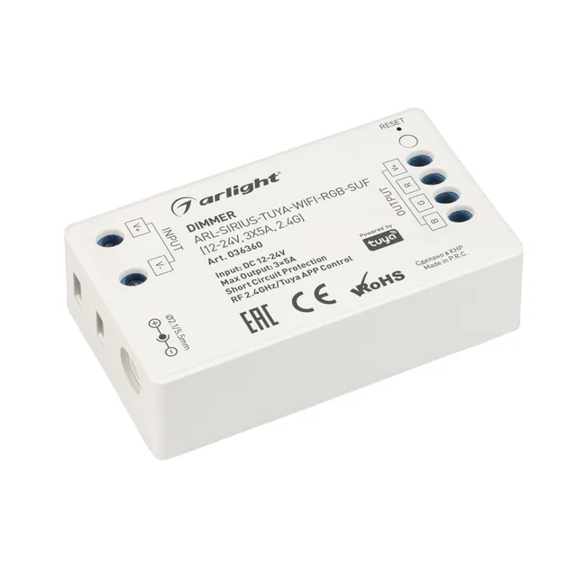 Диммер ARL-SIRIUS-TUYA-WIFI-RGB-SUF (12-24V, 3x5A, 2.4G) (Arlight, Контроллер), артикул 036360