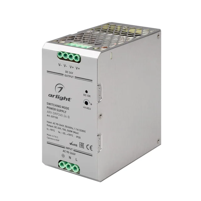 Блок питания ARV-DRP240-24-B (24V, 10A, 240W, PFC) (Arlight, IP20 Металл, 5 лет), артикул 037155