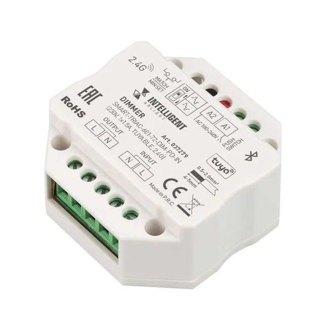 INTELLIGENT ARLIGHT Диммер SMART-TRIAC-601-72-DIM-PD-IN (230V, 1x1.5A, TUYA BLE, 2.4G) (IARL, IP20 Пластик, 5 лет), артикул 037279