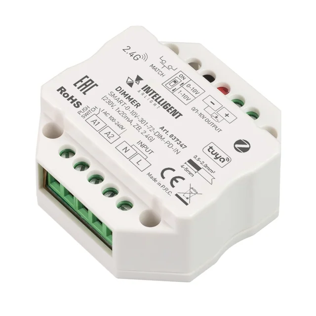 INTELLIGENT ARLIGHT Диммер SMART-0-10V-301-72-DIM-PD-IN (230V, 1x20mA, ZB, 2.4G) (IARL, IP20 Пластик, 5 лет), артикул 037347