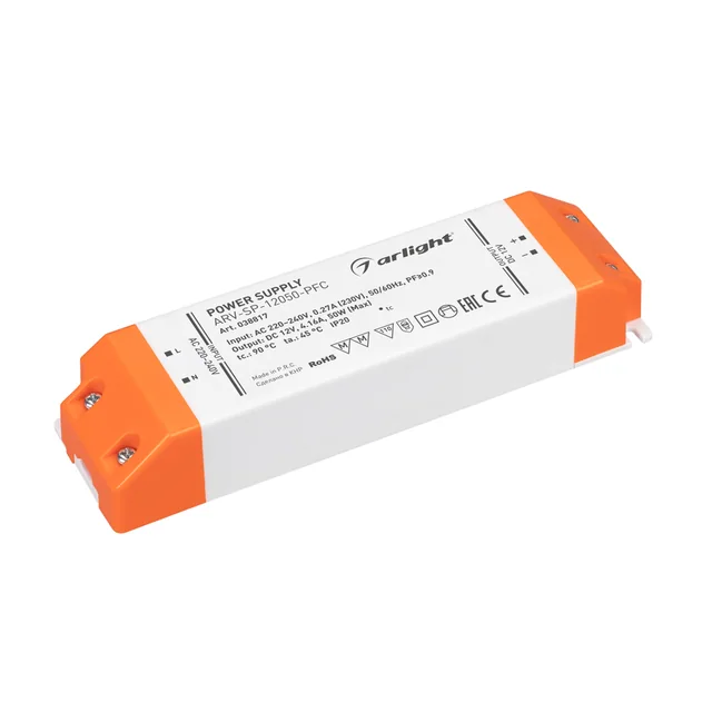 Блок питания ARV-SP-12050-PFC (12V, 4.16A, 50W) (Arlight, IP20 Пластик, 5 лет), артикул 038817