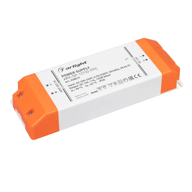 Блок питания ARV-SP-12132-PFC (12V, 11A, 130W) (Arlight, IP20 Пластик, 5 лет), артикул 038819