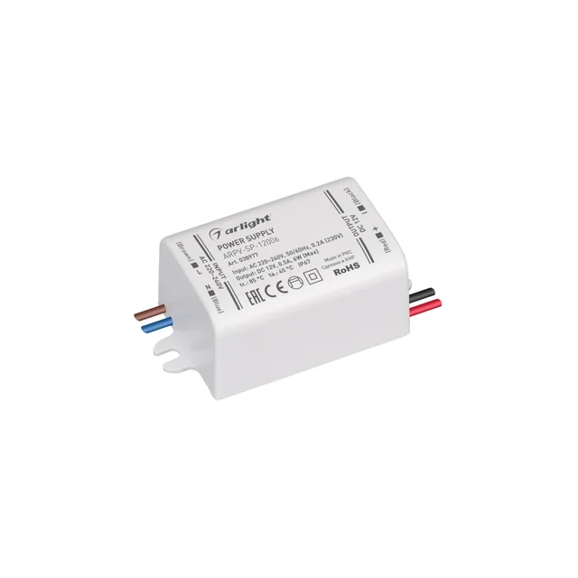 Блок питания ARPV-SP-12006 (12V, 0.5A, 6W) (Arlight, IP67 Пластик, 5 лет), артикул 038977