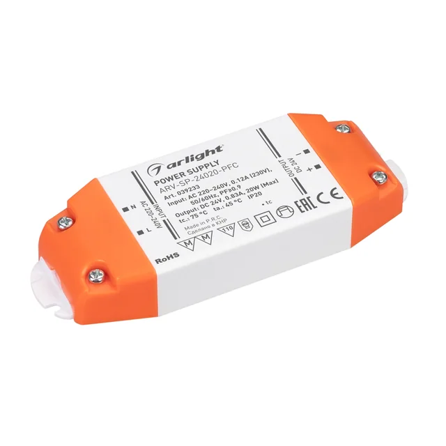 Блок питания ARV-SP-24020-PFC (24V, 0.83A, 20W) (Arlight, IP20 Пластик, 5 лет), артикул 039233