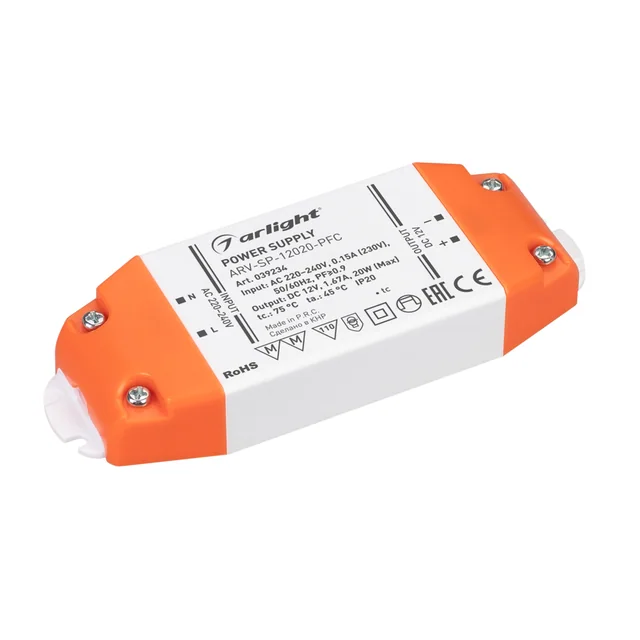 Блок питания ARV-SP-12020-PFC (12V, 1.67A, 20W) (Arlight, IP20 Пластик, 5 лет), артикул 039234