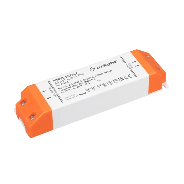 Блок питания ARV-SP-24050-PFC (24V, 2.08A, 50W) (Arlight, IP20 Пластик, 5 лет), артикул 039235