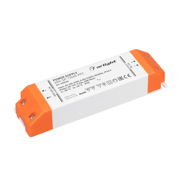 Блок питания ARV-SP-12040-PFC (12V, 3.33A, 40W) (Arlight, IP20 Пластик, 5 лет), артикул 039236