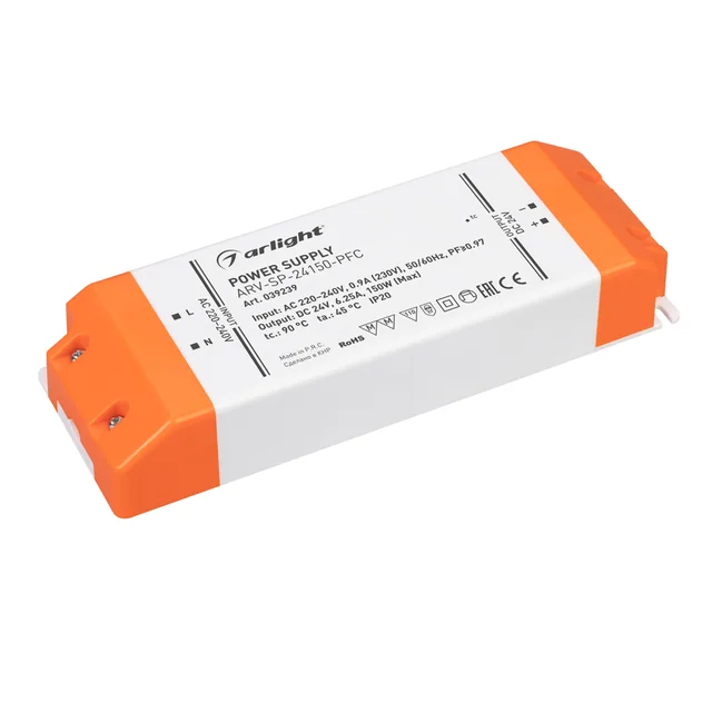 Блок питания ARV-SP-24150-PFC (24V, 6.25A, 150W) (Arlight, IP20 Пластик, 5 лет), артикул 039239