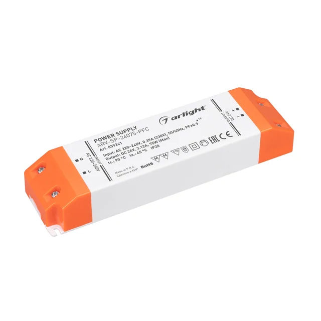 Блок питания ARV-SP-24075-PFC (24V, 3.12A, 75W) (Arlight, IP20 Пластик, 5 лет), артикул 039241