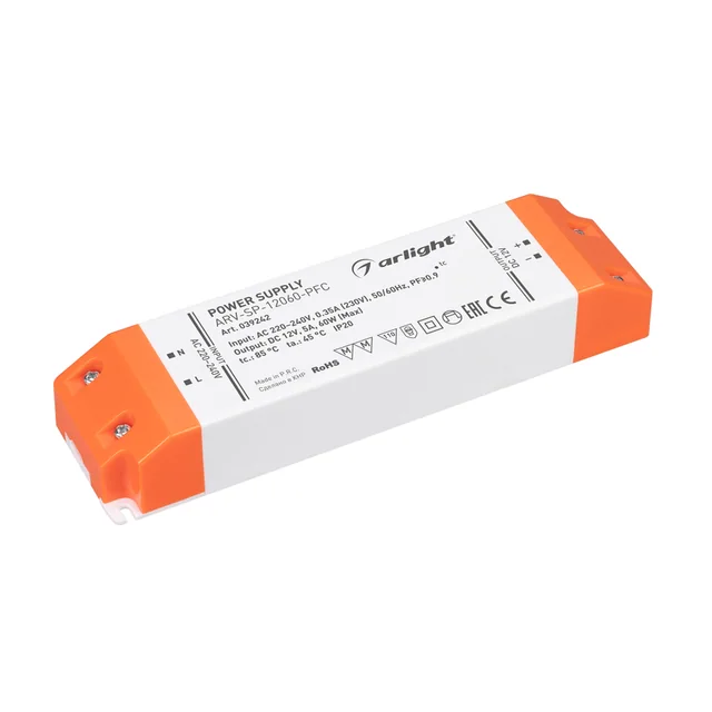 Блок питания ARV-SP-12060-PFC (12V, 5A, 60W) (Arlight, IP20 Пластик, 5 лет), артикул 039242