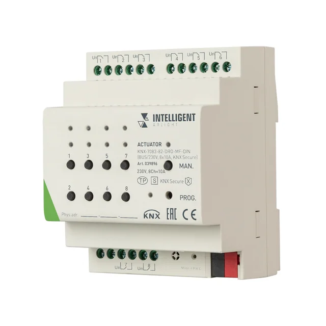 INTELLIGENT ARLIGHT Актуатор KNX-7083-82-DRO-MF-DIN (BUS/230V, 8x10А, KNX Secure)  (IARL, IP20 Пластик, 2 года), артикул 039896