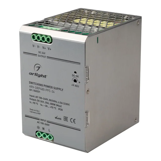 Блок питания ARV-DRP480-PFC-24 (24V, 20A, 480W) (Arlight, IP20 Металл, 5 лет), артикул 040231