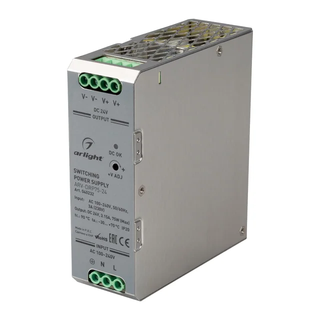 Блок питания ARV-DRP75-24 (24V, 3.15A, 75W) (Arlight, IP20 Металл, 5 лет), артикул 040232