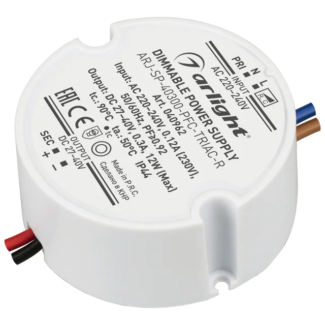 Блок питания ARJ-SP-40300-PFC-TRIAC-R (12W, 27-40V, 300mA) (Arlight, IP44 Пластик, 5 лет), артикул 040962