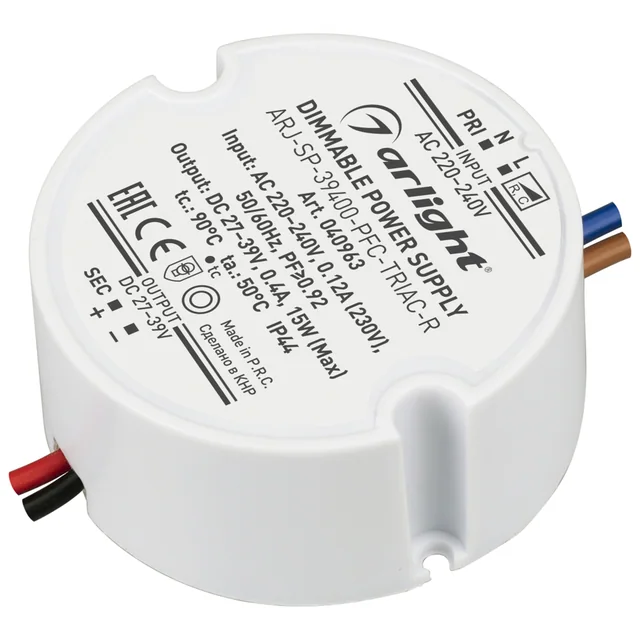 Блок питания ARJ-SP-39400-PFC-TRIAC-R (15W, 27-39V, 400mA) (Arlight, IP44 Пластик, 5 лет), артикул 040963