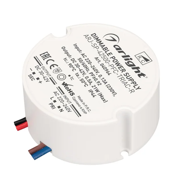 Блок питания ARJ-SP-42500-PFC-TRIAC-R (21W, 30-42V, 500mA) (Arlight, IP44 Пластик, 5 лет), артикул 040964