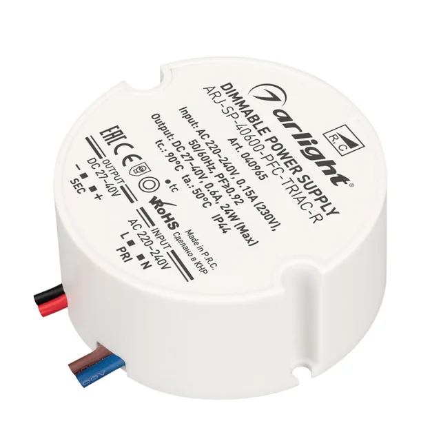 Блок питания ARJ-SP-40600-PFC-TRIAC-R (24W, 27-40V, 600mA) (Arlight, IP44 Пластик, 5 лет), артикул 040965